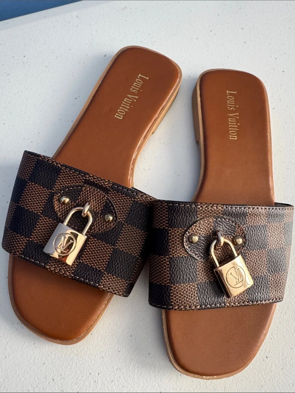 Louis Vuitton Brown and Dark Brown Damier Padlock Slide Sandals - Picture 1 of 10